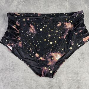 Torrid Swim Bottoms Womens 4 4X Galaxy Gold Foil Star High Waist Ruched Cutout